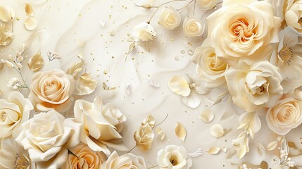 light cream and white roses with golden leaves and petals on a light beige background decorated with small golden glitter, copy space