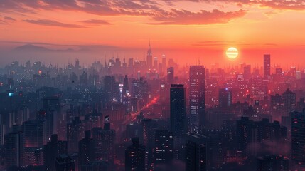 Obraz premium Stunning Sunset Over New York City Skyline With Illuminated Buildings and Vibrant Colors. Generative AI