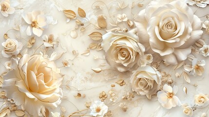 Roses intertwined with golden foliage and white flowers, on a light beige background strewn with delicate golden sparkles, copy space