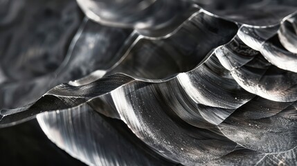 Macro photograph capturing the intricate details and wavy patterns of damascus steel, showcasing the craftsmanship and beauty of this ancient metalworking technique © ryker