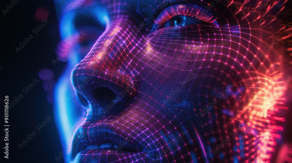 Poster human face transforming into digital data, symbolizing concepts such as artificial intelligence, dig