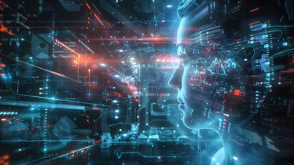 Digital human profile surrounded by binary code and data connections, symbolizing the integration of ai and big data, showing the potential of technology to revolutionize our world