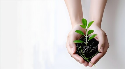 Hands Carefully Holding a Thriving Young Plant with Green Leaves and Roots,Symbol of Growth and