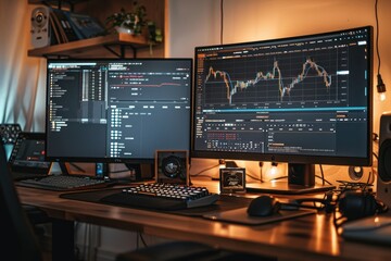 Fototapeta premium A Modern Workstation with a Computer Displaying Stock Market Data