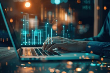 Hands Typing on Laptop with Data Visualization Overlay