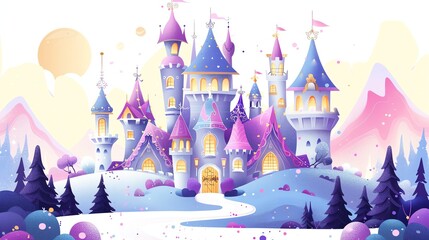A cartoon illustration of a fairytale castle in a forest setting.