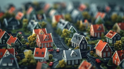 Colorful Miniature Neighborhood Model Displaying Houses With Distinct Roofs and Lush Greenery. Generative AI