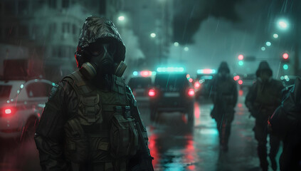 Masked figures in military attire patrol a foggy, dimly lit urban street with emergency vehicles and eerie lighting, creating a tense atmosphere.