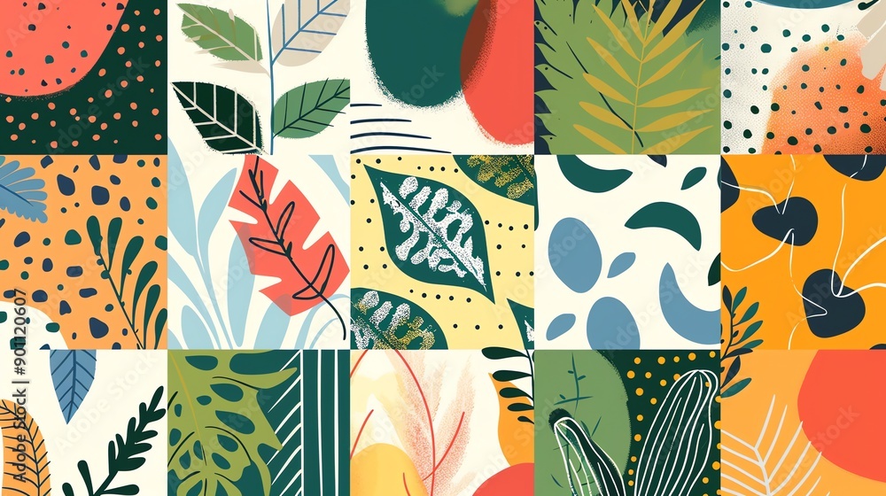 Poster a colorful patchwork of geometric shapes and leafy patterns, creating a vibrant and playful abstract