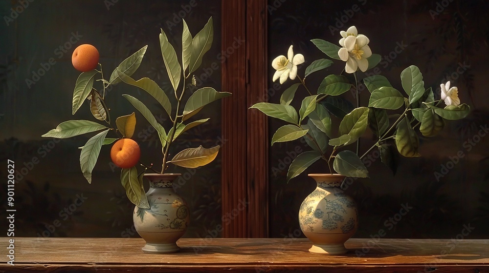 Poster two vases, one filled with oranges and the other with flowers, sit on a table in front of a window p