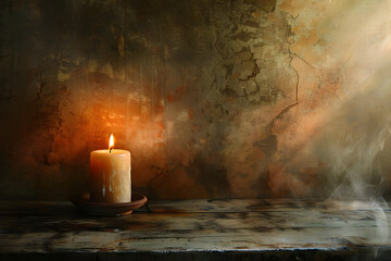 Moody scene with a single lit candle on a rustic surface, casting warm light and shadows on an aged, textured wall.