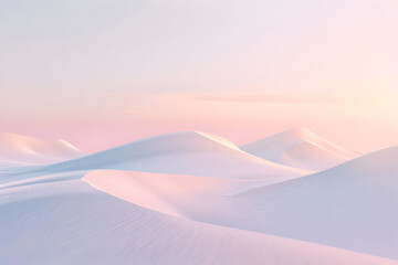 Stunning pastel-toned sand dunes captured at sunrise, creating a serene and surreal desert landscape with soft, flowing curves.