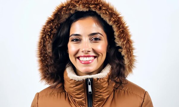 Portrait video of a pleased Brazilian woman in her 20s wearing a warm parka against a white background 