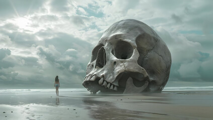 Surreal scene of a giant skull on a beach with a lone person standing nearby under a dramatic cloudy sky.