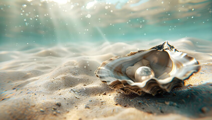 Underwater scene with a pearl in an open oyster shell on the sandy ocean floor, illuminated by sunlight filtering through the water.