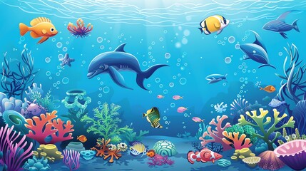 A colorful cartoon underwater scene with a dolphin, fish, coral reefs, and bubbles.
