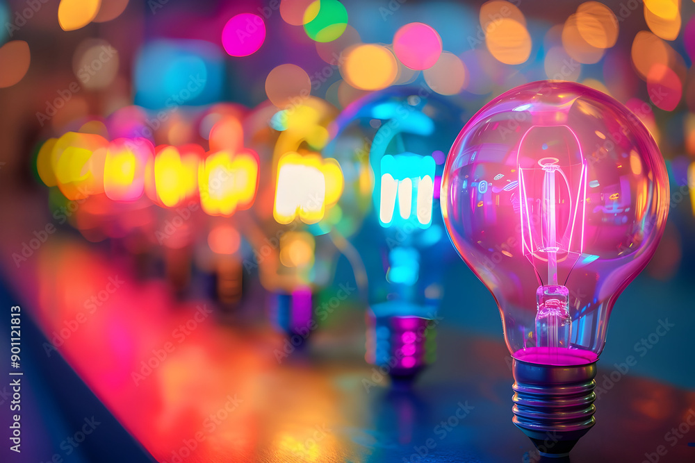 Poster vivid row of colorful light bulbs glowing brightly, symbolizing creativity and innovation, with a bo