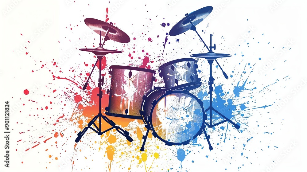 Poster a drum set with a splatter of colorful paint.