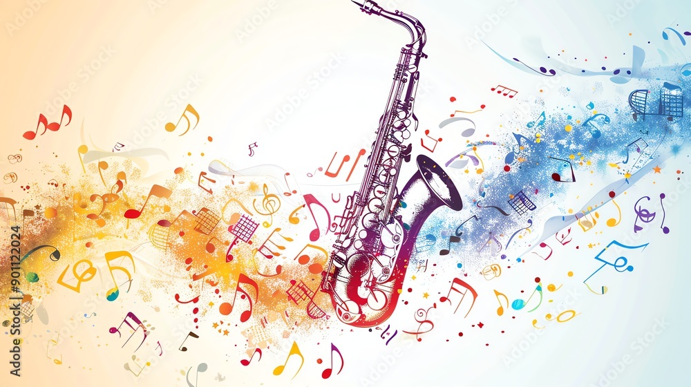 Poster a saxophone with a colorful, abstract background of music notes and lines.
