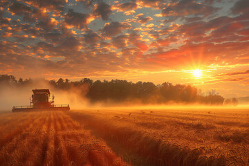 Fototapeta premium A mesmerizing sunset over a vast harvesting field as a harvester works diligently to gather crops.