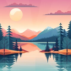 Stunning sunrise over a serene lake with pine trees and mountains, reflecting vibrant colors in the water, creating a tranquil landscape view.