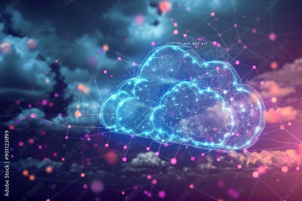 Poster digital cloud with glowing network connections in a futuristic environment