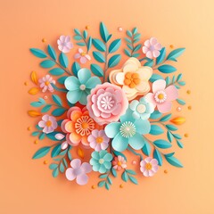 Obraz premium Vibrant paper flower bouquet with various colorful blooms and leaves arranged on a light orange background.