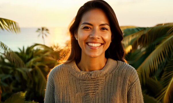 Close-up portrait video of a grinning woman in her 30s wearing a chic cardigan against a hawaiian or polynesian background