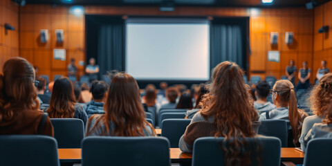 Obraz premium A lecture hall filled with students attentively listening to a presentation. 