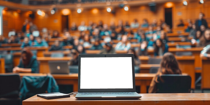 A modern laptop with a blank screen sits on a desk at the front of a large lecture hall.