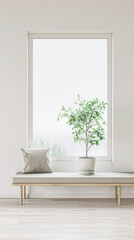 Elegant interiors composition with minimal furniture and natural window lighting. Interiors design luxury image.