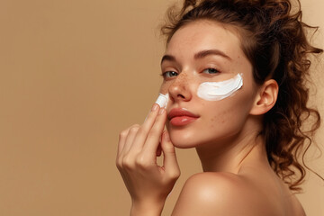 woman is applying makeup to her face. She is using a white cream to cover her skin