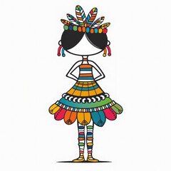 Colorful cartoon girl in a feathered headdress wearing a vibrant dress, perfect for children's themes and playful designs.