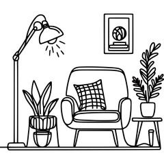 Continuous line drawing sofa set with lamps, plant on the top generated by Ai