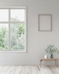 Elegant interiors composition with minimal furniture and natural window lighting. Interiors design luxury image.