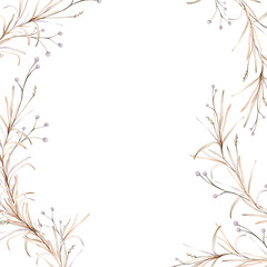 Frame with light round violet flowers. Watercolor hand painting illustration on isolated background. Banner of flowers with herbs and dried branches. Botanical floral autumn composition pastel color.