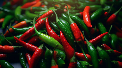 A bunch of red and green chili peppers.
