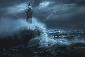 Fototapeta premium Generative ai on theme of large retro lighthouse with beam of bright light shining out to blue sea