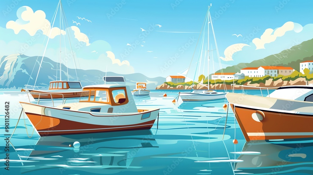 Wall mural A cartoon illustration of a harbor town with boats docked and buildings along the shore.