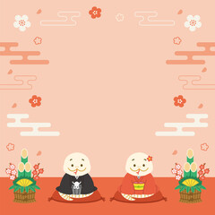 2025年　巳年　年賀素材　着物を着た白蛇の夫婦　正方形　バナー