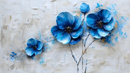 Minimalistic oil painting of abstract three blue flowers on white plaster background textured