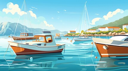 A cartoon illustration of a harbor town with boats docked and buildings along the shore.