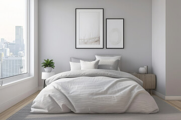 A simple & clean bedroom with light grey walls, the bed is made up in neutral tones, two picture frames hanging on one wall, a window to the right side of the room that overlooks a cityscape.