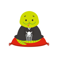 2025年、巳年の年賀状素材　袴を着た蛇のキャラクターのかわいいイラスト
