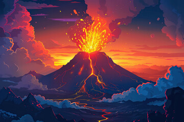 Generative ai on theme of erupting volcano with cascading hot lava surrounded thick white smoke