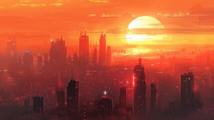 Majestic Sunset Over a Futuristic Cityscape With Skyscrapers in Warm Hues. Generative AI