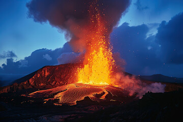 Fototapeta premium Generative ai on theme of erupting volcano with cascading hot lava surrounded thick white smoke