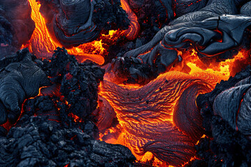 Generative ai on theme of erupting volcano with cascading hot lava surrounded thick white smoke