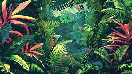 A cartoon illustration of a lush green jungle.