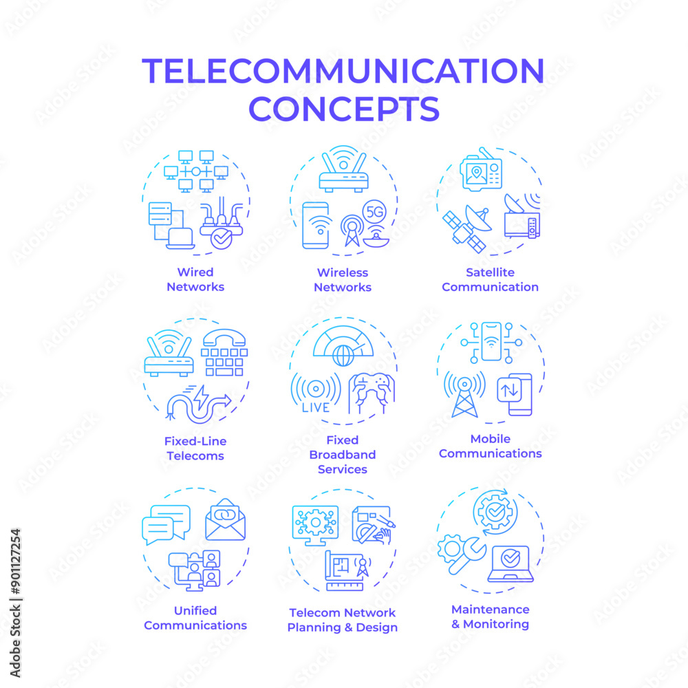 Poster telecommunication blue gradient concept icons. wired and wireless networks. telecom tower. signal tr